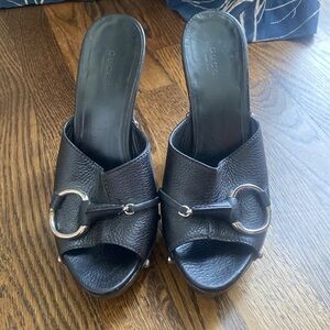 GUCCI
Black Leather Horsebit Wood Mule Slide Sandals